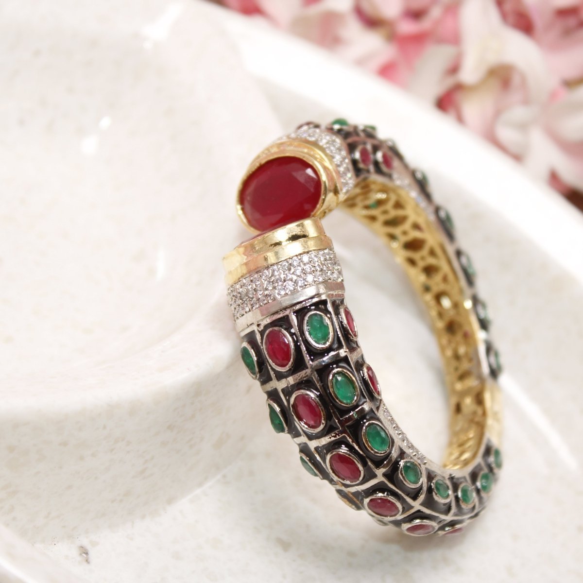 RAJWADI STONE & MEENAKARI KADA GOLD PLATED-RED & GREEN