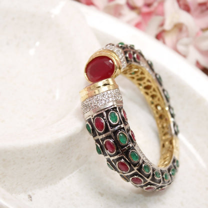 RAJWADI STONE & MEENAKARI KADA GOLD PLATED-RED & GREEN