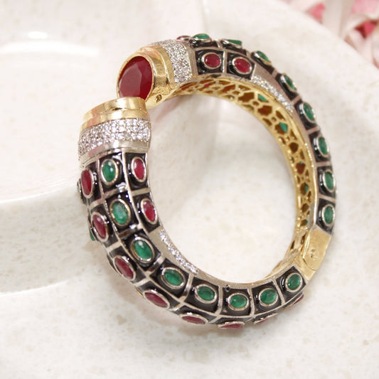 RAJWADI STONE & MEENAKARI KADA GOLD PLATED - RED & GREEN