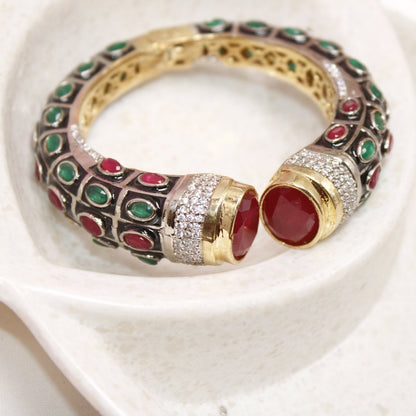RAJWADI STONE & MEENAKARI KADA GOLD PLATED-RED & GREEN