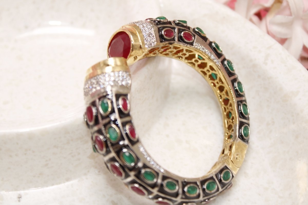 RAJWADI STONE & MEENAKARI KADA GOLD PLATED-RED & GREEN