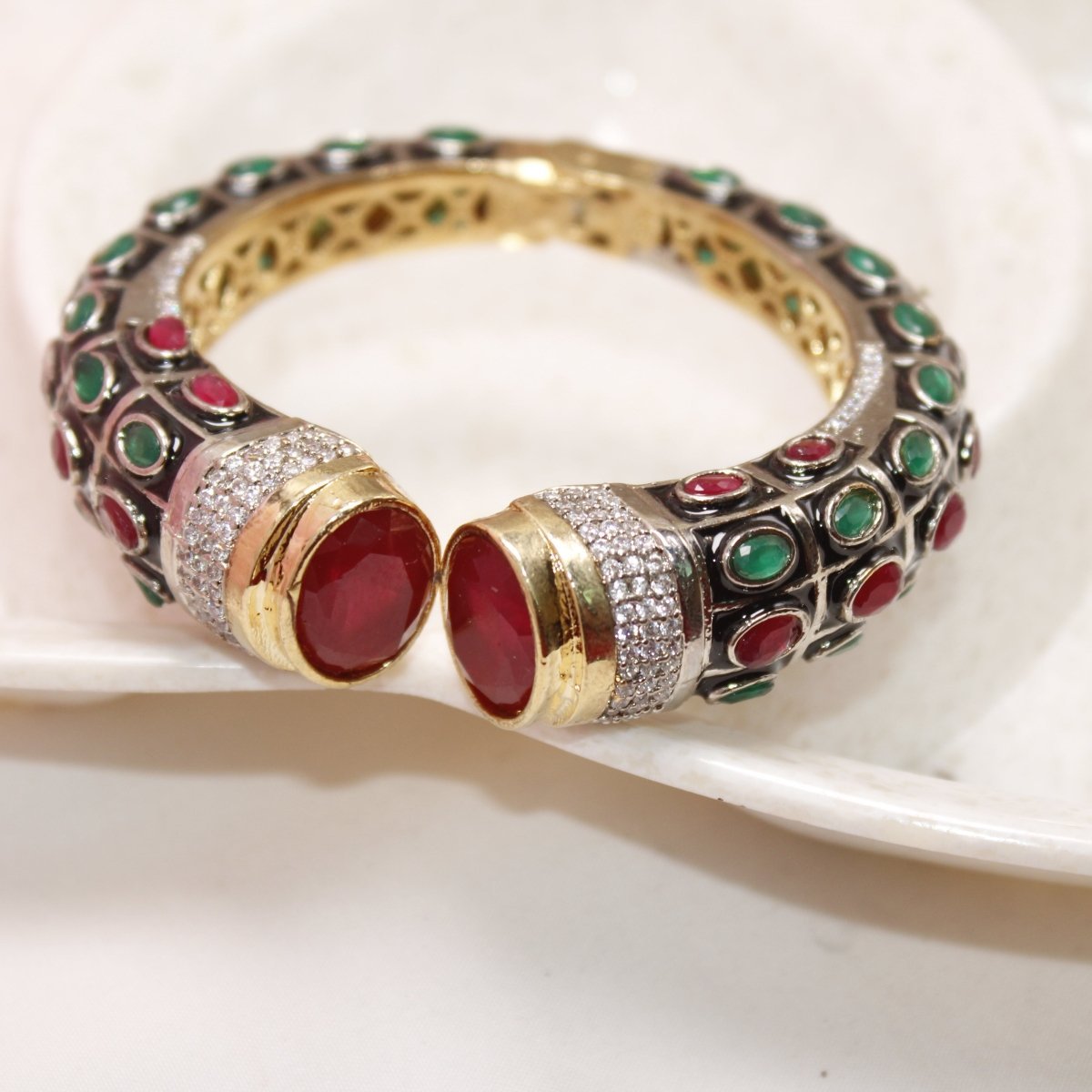 RAJWADI STONE & MEENAKARI KADA GOLD PLATED-RED & GREEN
