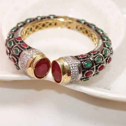 RAJWADI STONE & MEENAKARI KADA GOLD PLATED-RED & GREEN