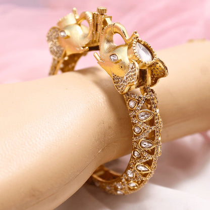 Rajwadi Transparent Stone Elephant Kada – Antique Gold Finish Statement Kada