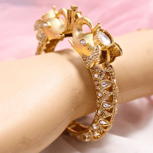 Rajwadi Transparent Stone Elephant Kada – Antique Gold Finish Statement Kada