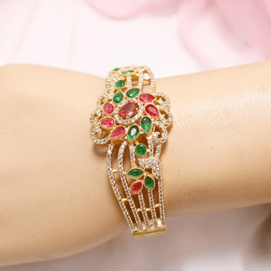 Red & Green Stone Floral AD Openable Kada – Gold Finish Bracelet
