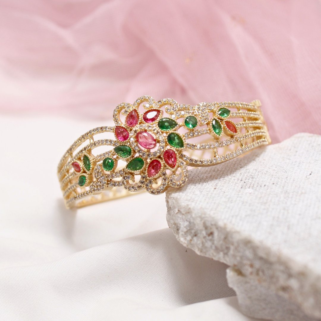 Red & Green Stone Floral AD Openable Kada – Gold Finish Bracelet