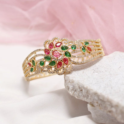 Red & Green Stone Floral AD Openable Kada – Gold Finish Bracelet