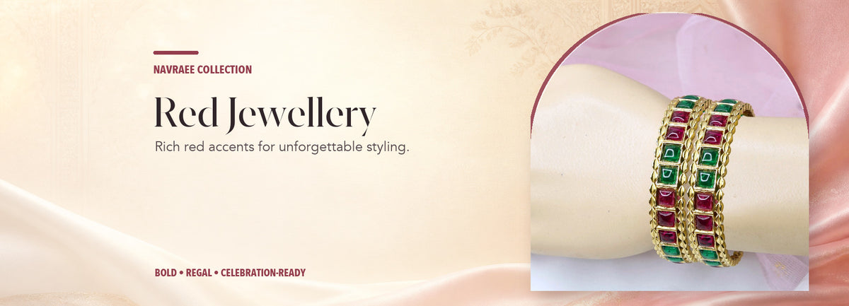 Red Jewellery collection header banner featuring Rajwadi Square-Stone Kada  Emerald Green & Ruby Red