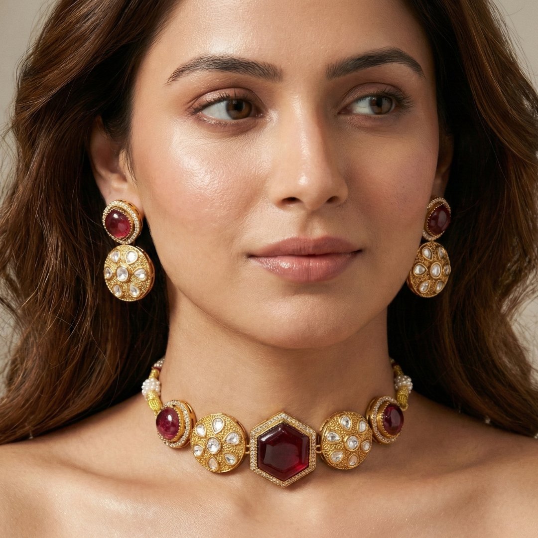Red Kundan Choker Necklace Set – Handcrafted Gold-Plated Bridal Jewellery
