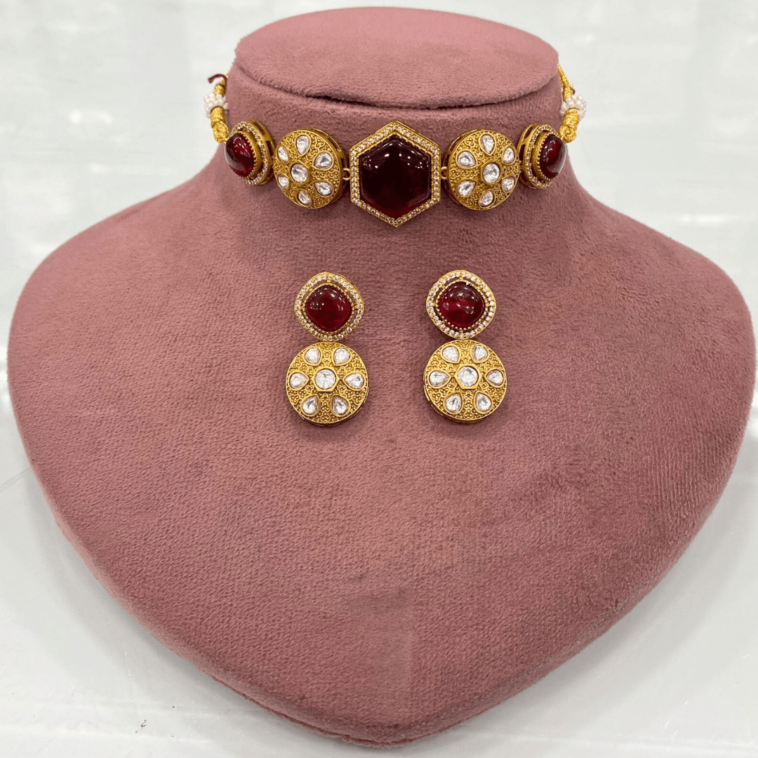 Red Kundan Choker Necklace Set – Handcrafted Gold - Plated Bridal Jewellery