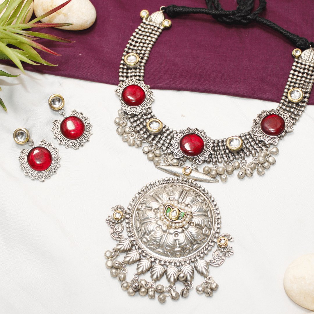 RED Oxidised Silver Hasli Necklace Set with Earrings – Tribal Statement Jewellery