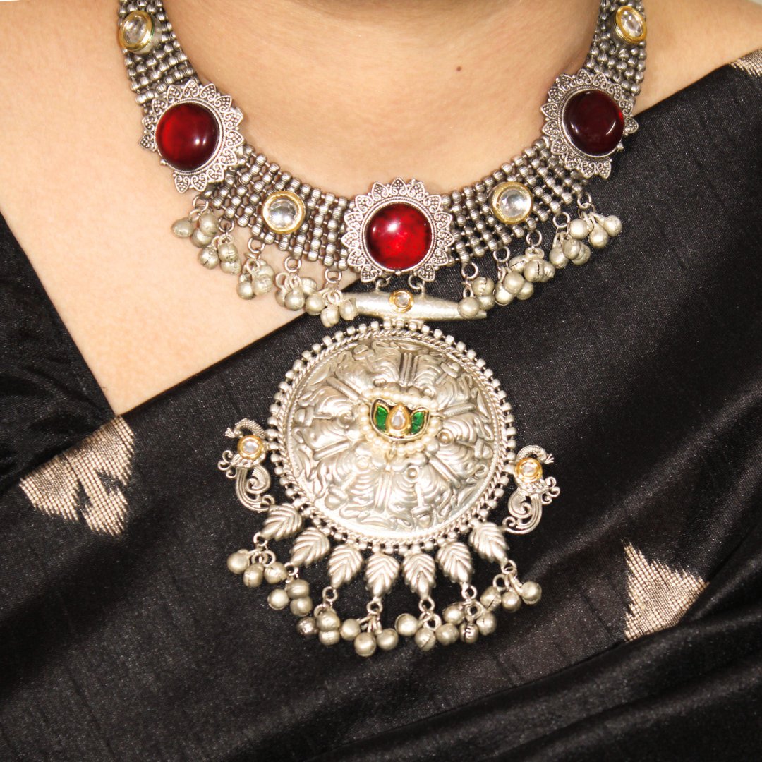 RED Oxidised Silver Hasli Necklace Set with Earrings – Tribal Statement Jewellery