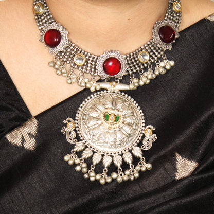 RED Oxidised Silver Hasli Necklace Set with Earrings – Tribal Statement Jewellery