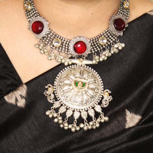 RED Oxidised Silver Hasli Necklace Set with Earrings – Tribal Statement Jewellery