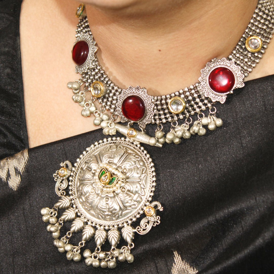 RED Oxidised Silver Hasli Necklace Set with Earrings – Tribal Statement Jewellery