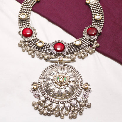 RED Oxidised Silver Hasli Necklace Set with Earrings – Tribal Statement Jewellery