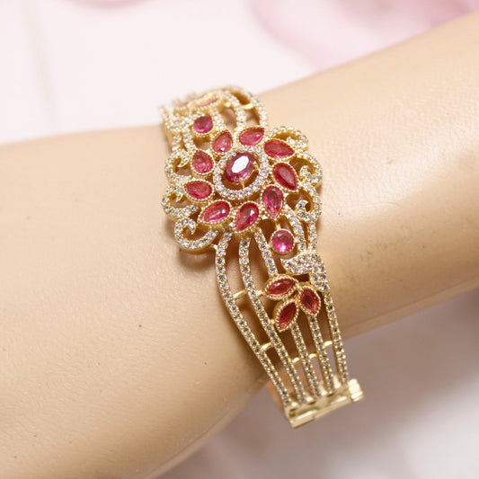 Red Stone Floral AD Openable Kada – Gold Finish Designer Bracelet