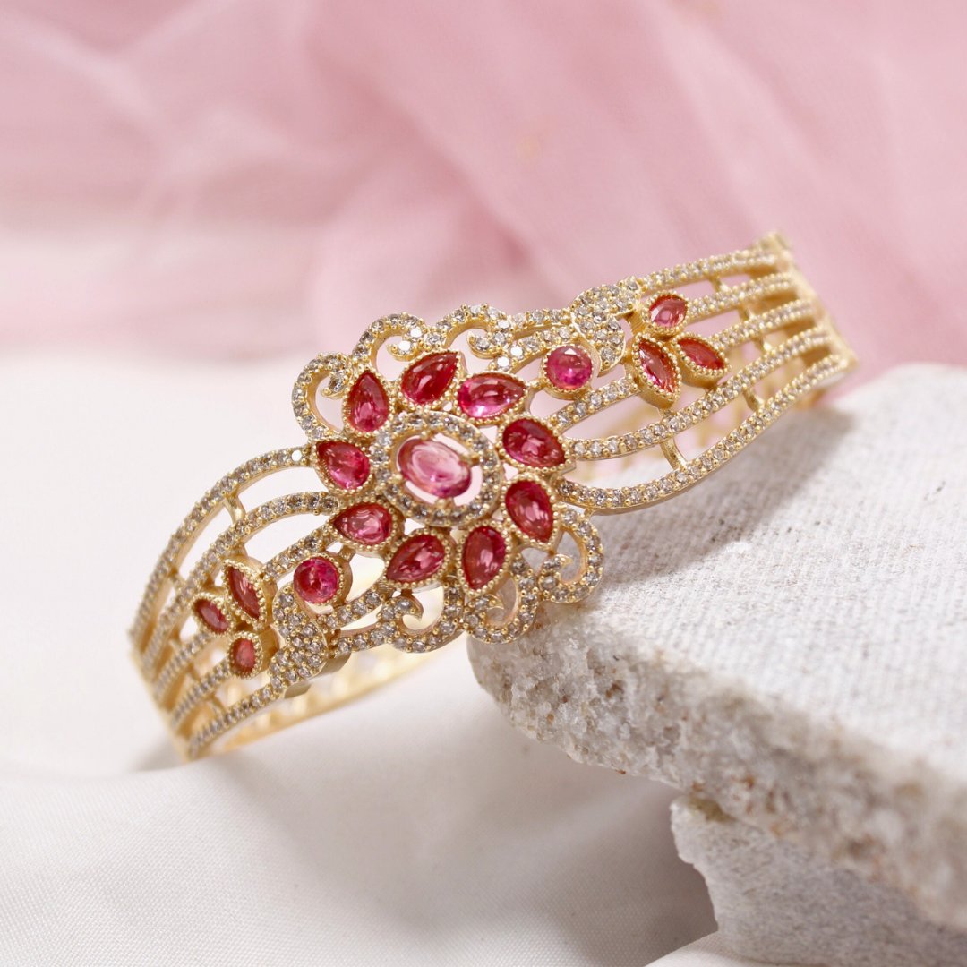 Red Stone Floral AD Openable Kada – Gold Finish Designer Bracelet
