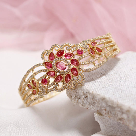 Red Stone Floral AD Openable Kada – Gold Finish Designer Bracelet