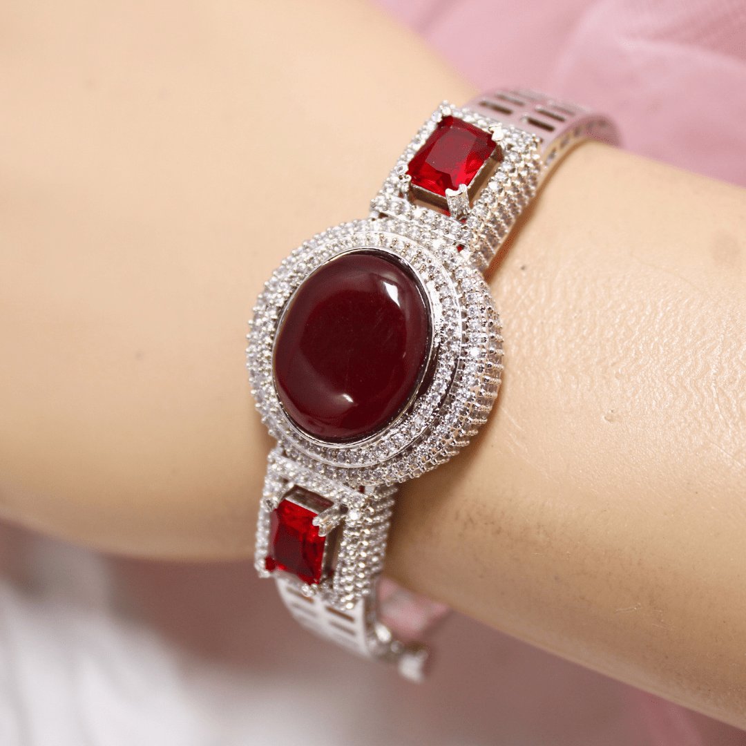 Red Stone Openable Kada – Silver Finish Ruby Look Bracelet