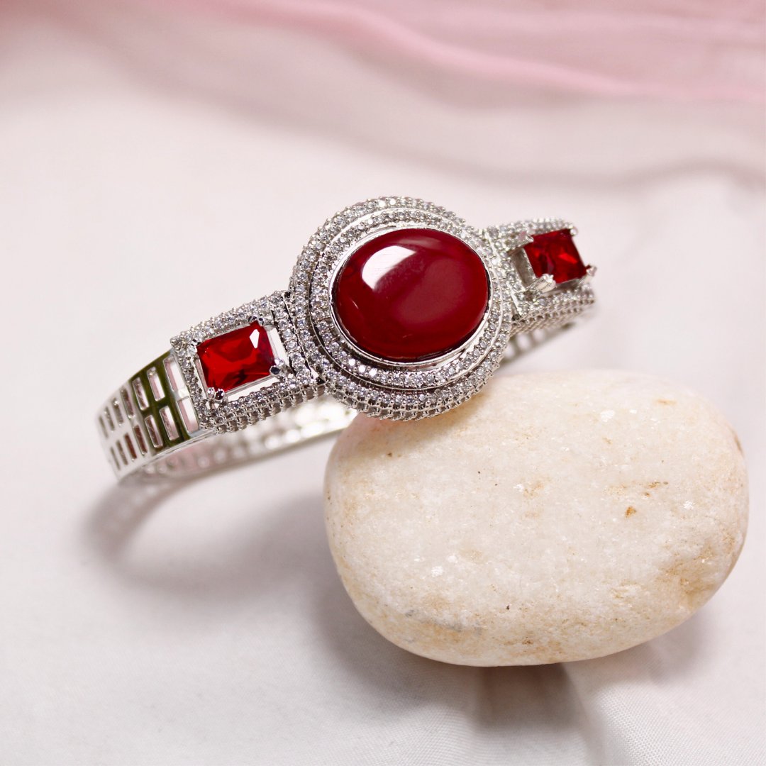 Red Stone Openable Kada – Silver Finish Ruby Look Bracelet