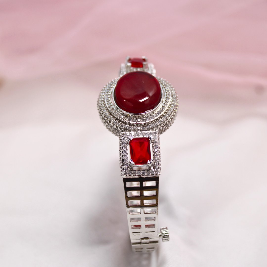 Red Stone Openable Kada – Silver Finish Ruby Look Bracelet