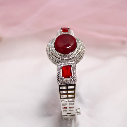 Red Stone Openable Kada – Silver Finish Ruby Look Bracelet