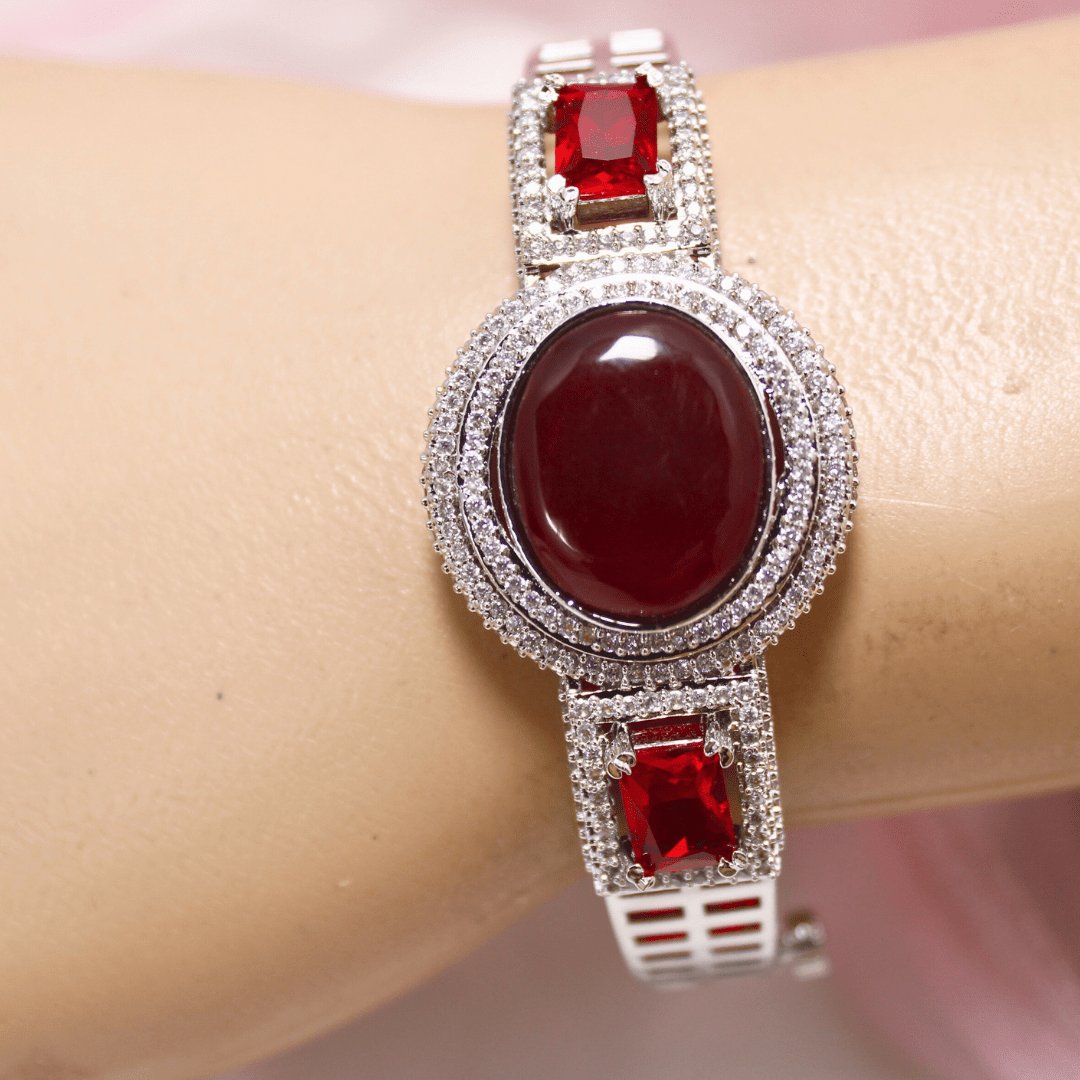 Red Stone Openable Kada – Silver Finish Ruby Look Bracelet