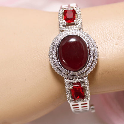 Red Stone Openable Kada – Silver Finish Ruby Look Bracelet