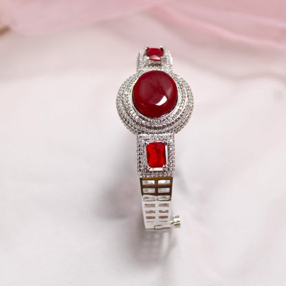 Red Stone Openable Kada – Silver Finish Ruby Look Bracelet