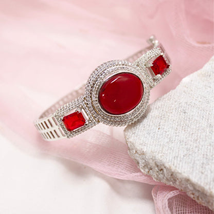Red Stone Openable Kada – Silver Finish Ruby Look Bracelet