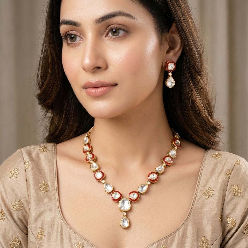 Red & White Polki Necklace Set