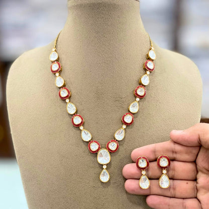 Red & White Polki Necklace Set