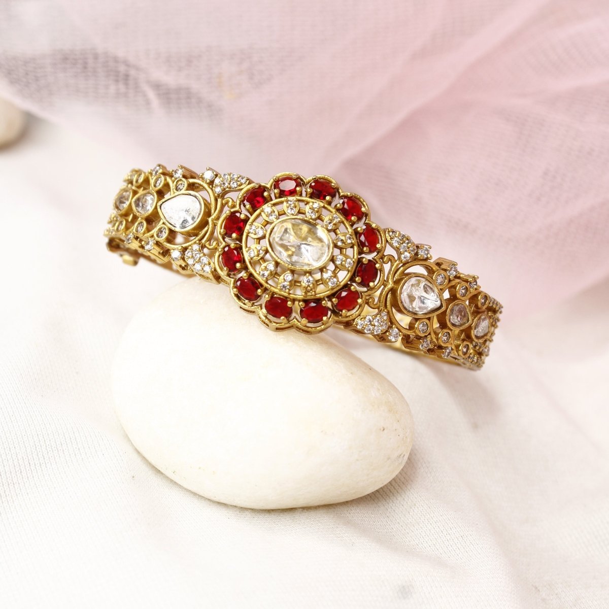 Regal Antique Polki Kada with Ruby Red Stones