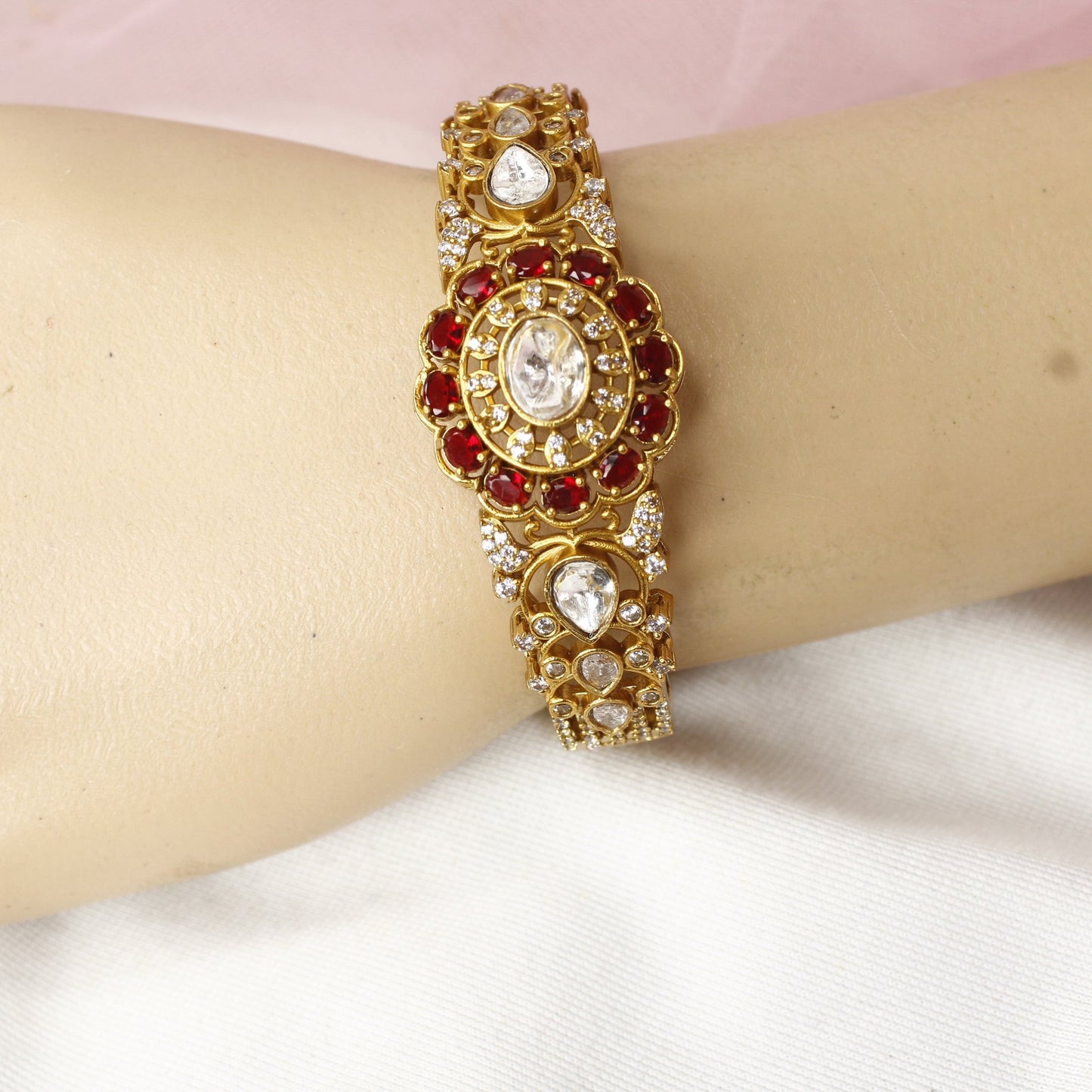 Regal Antique Polki Kada with Ruby Red Stones