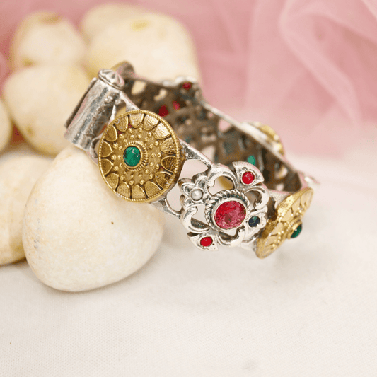 Regal Dual - Tone Kada with Floral Medallion – Antique Rajwadi Brass Bangle by Navra