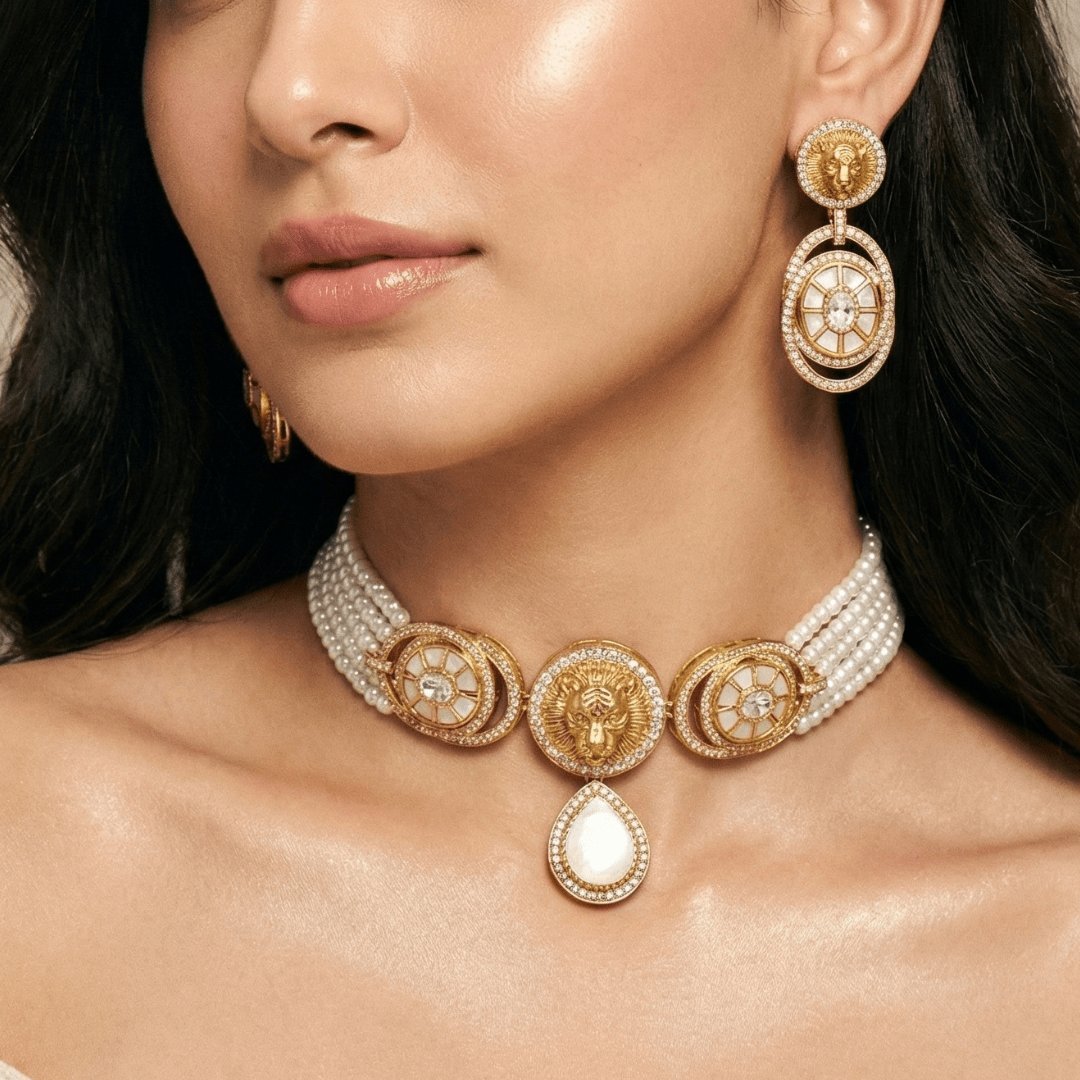 Regal Lion Design White Stone Choker Set | Navraee
