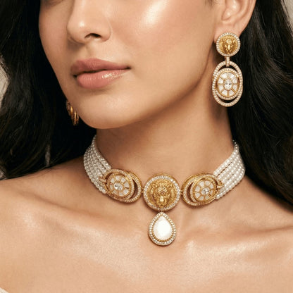 Regal Lion Design White Stone Choker Set | Navraee