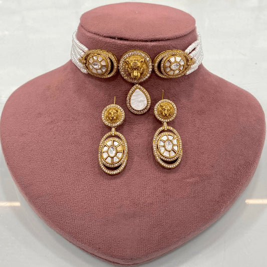 Regal Lion Design White Stone Choker Set | Navraee