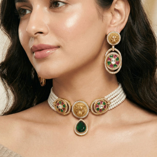 Regal Lion Motif Gold Plated Pearl Choker Set