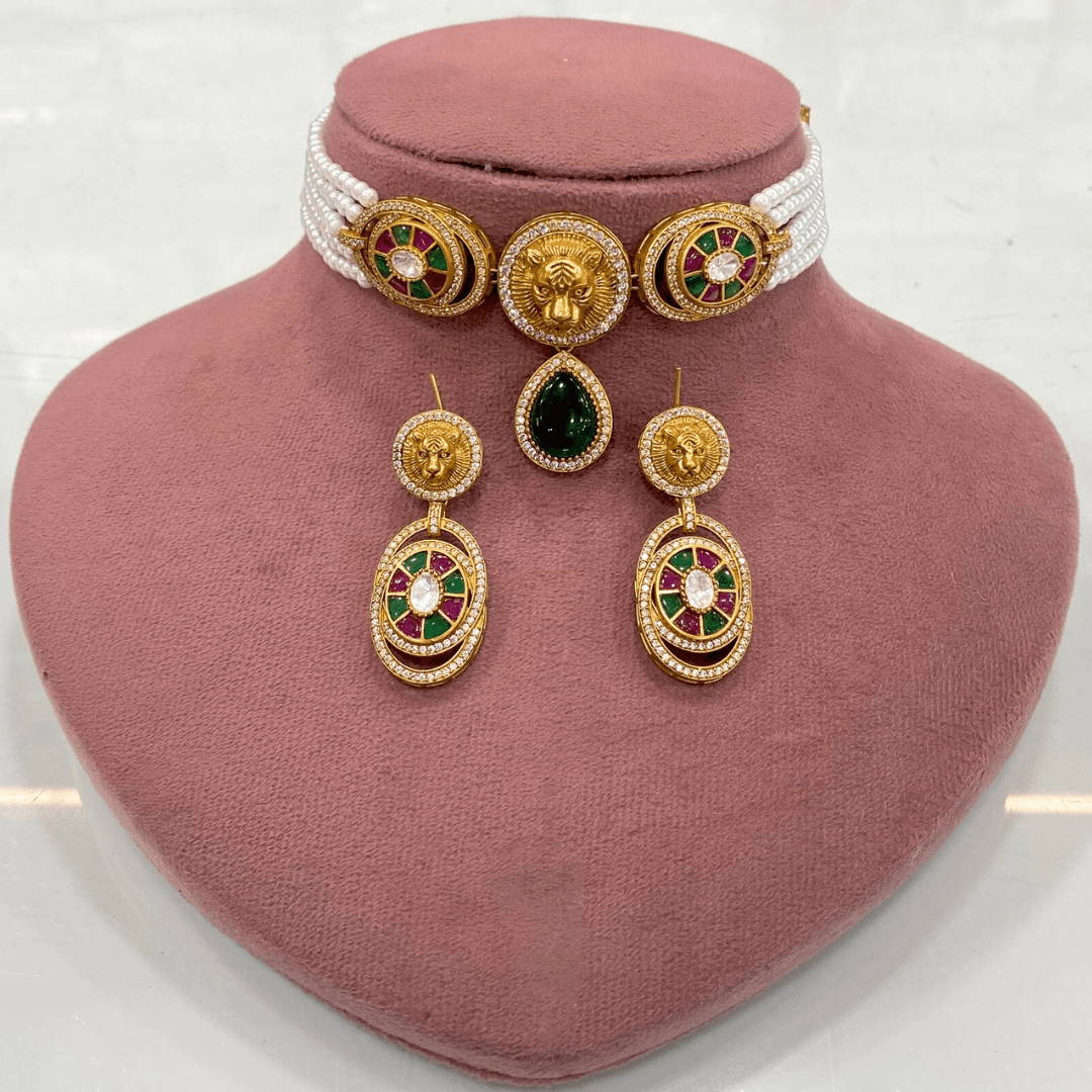 Regal Lion Motif Gold Plated Pearl Choker Set