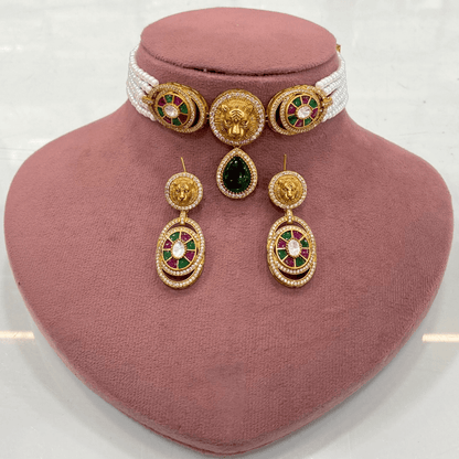 Regal Lion Motif Gold Plated Pearl Choker Set