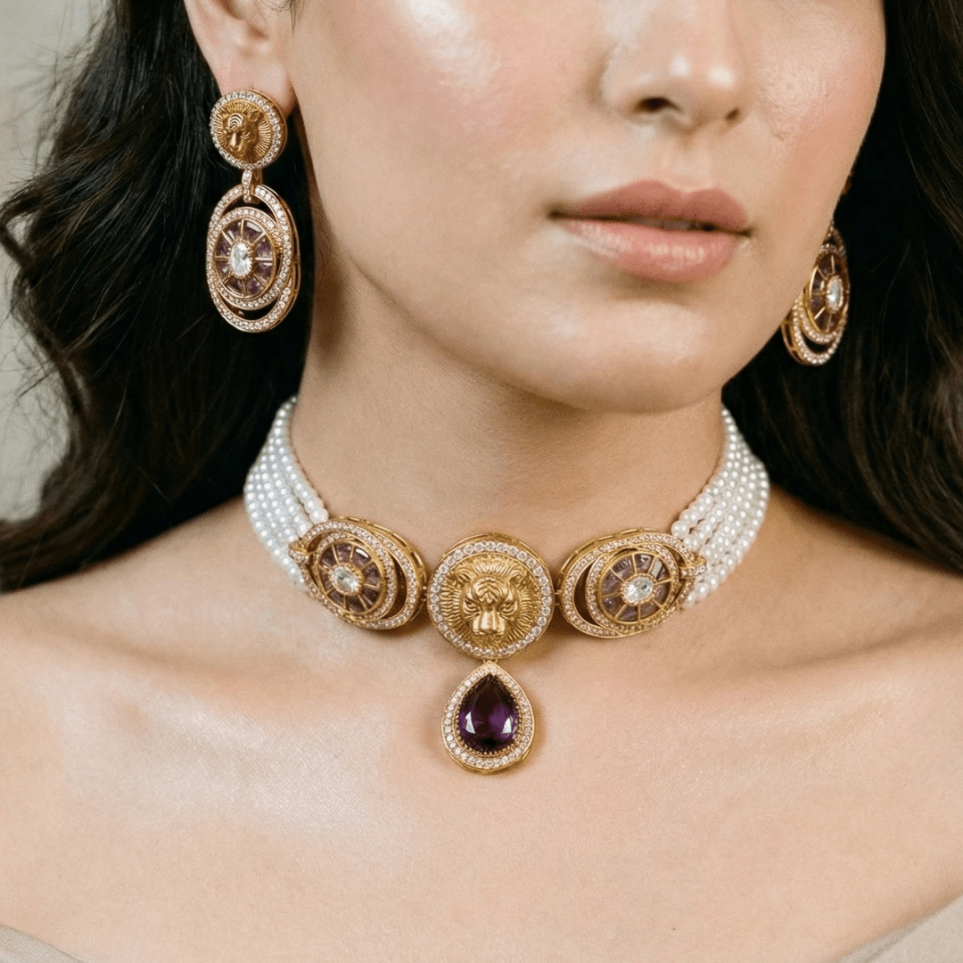 Regal Lion Motif Gold - Plated Pearl Choker Set with Earrings