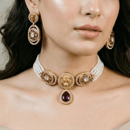 Regal Lion Motif Gold - Plated Pearl Choker Set with Earrings