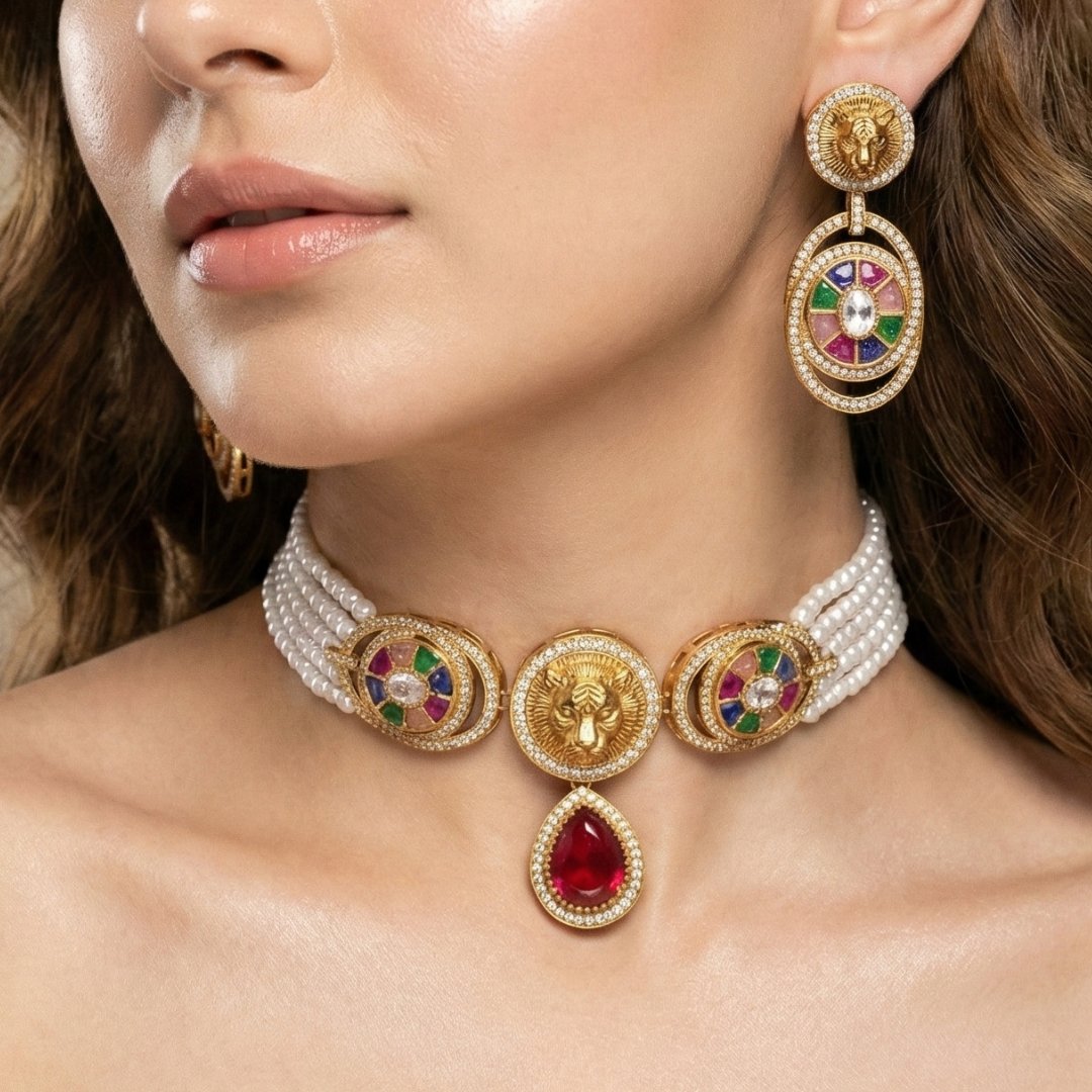 Regal Lion Motif Pearl Choker Set with Earrings