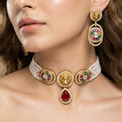 Regal Lion Motif Pearl Choker Set with Earrings