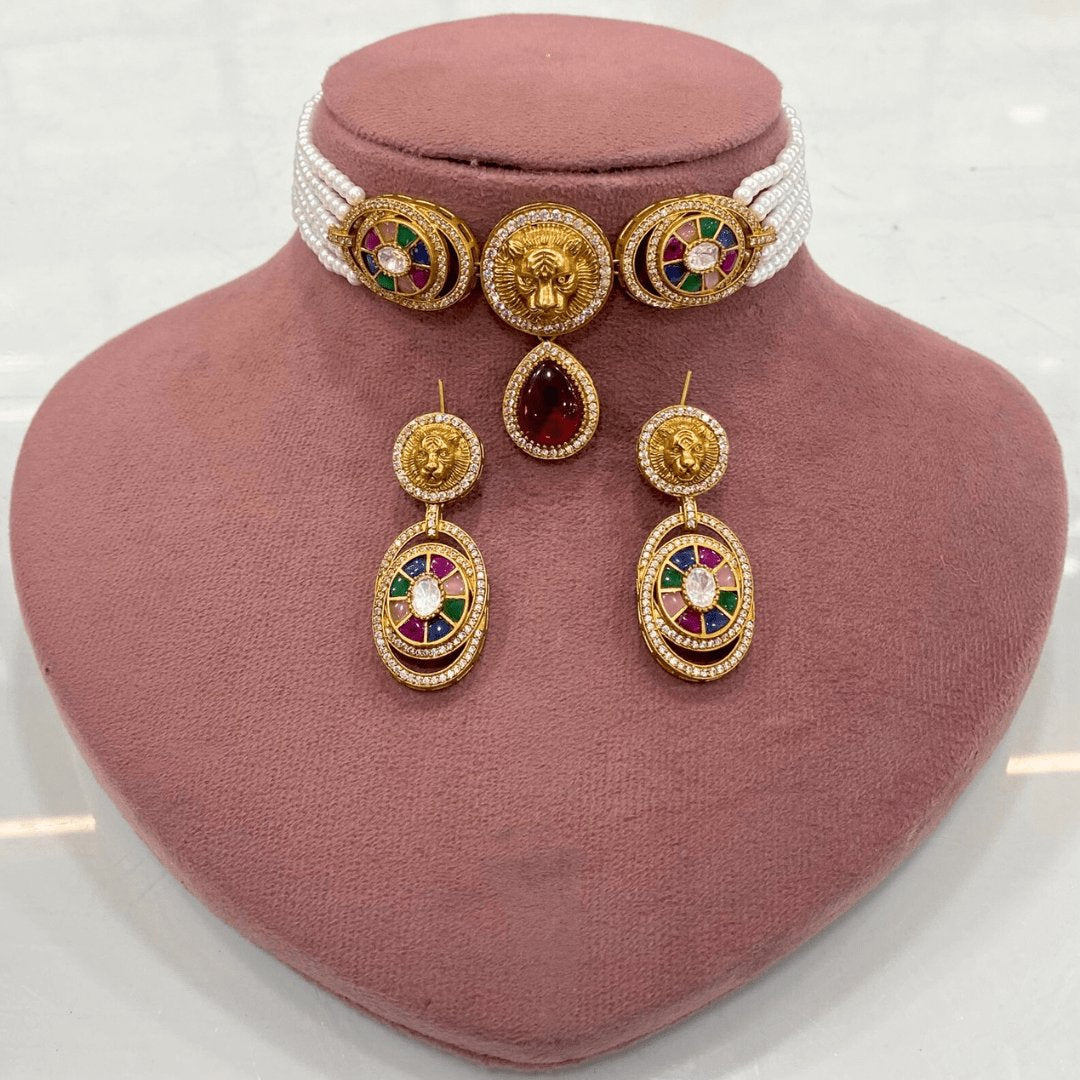 Regal Lion Motif Pearl Choker Set with Earrings