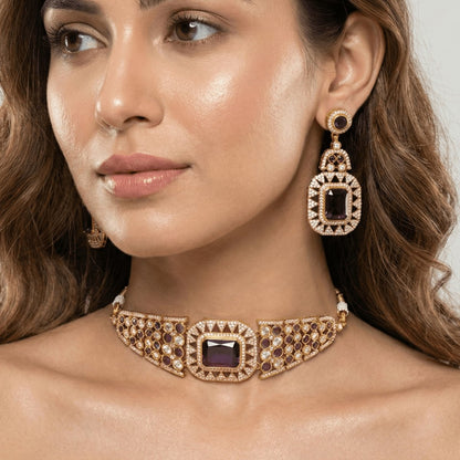 Regal Purple Ruby Choker Necklace Set – Handcrafted Gold-Plated Bridal Jewellery