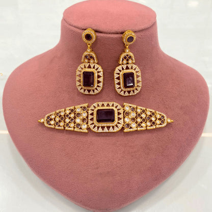 Regal Purple Ruby Choker Necklace Set – Handcrafted Gold-Plated Bridal Jewellery